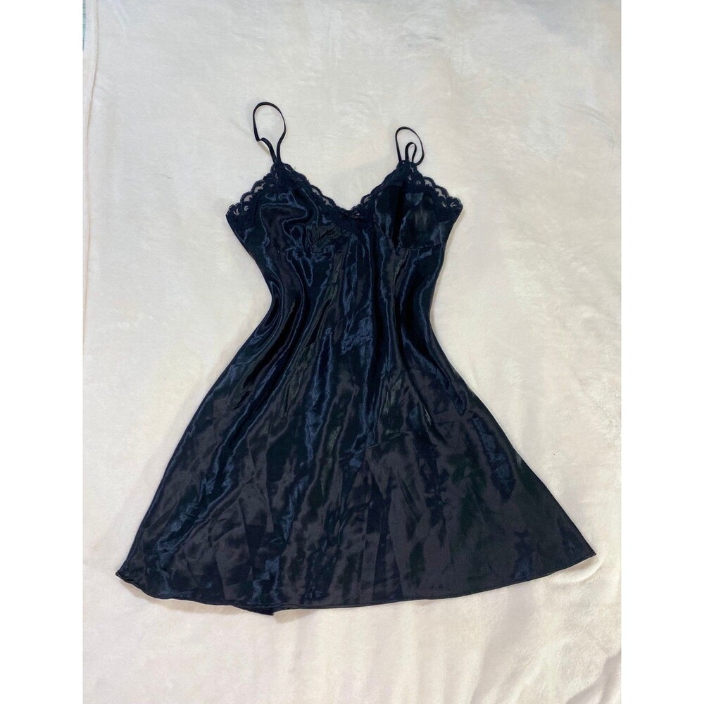 Ambrielle Black Satin Babydoll Nightgown Lace Trim Slip Dress Sleepwear Size M